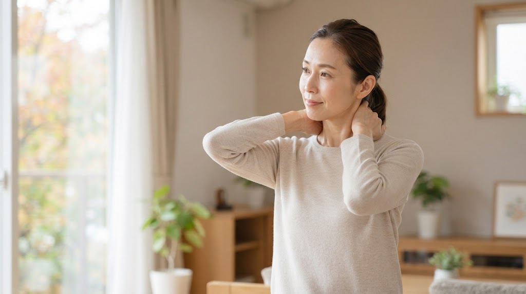 秋の朝に首や肩のこわばりを感じてゆっくり体を動かす女性