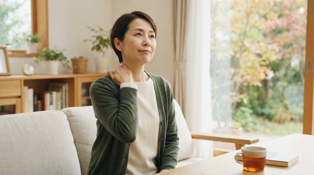 秋の気温低下で首肩こりや肩の重さを感じる女性